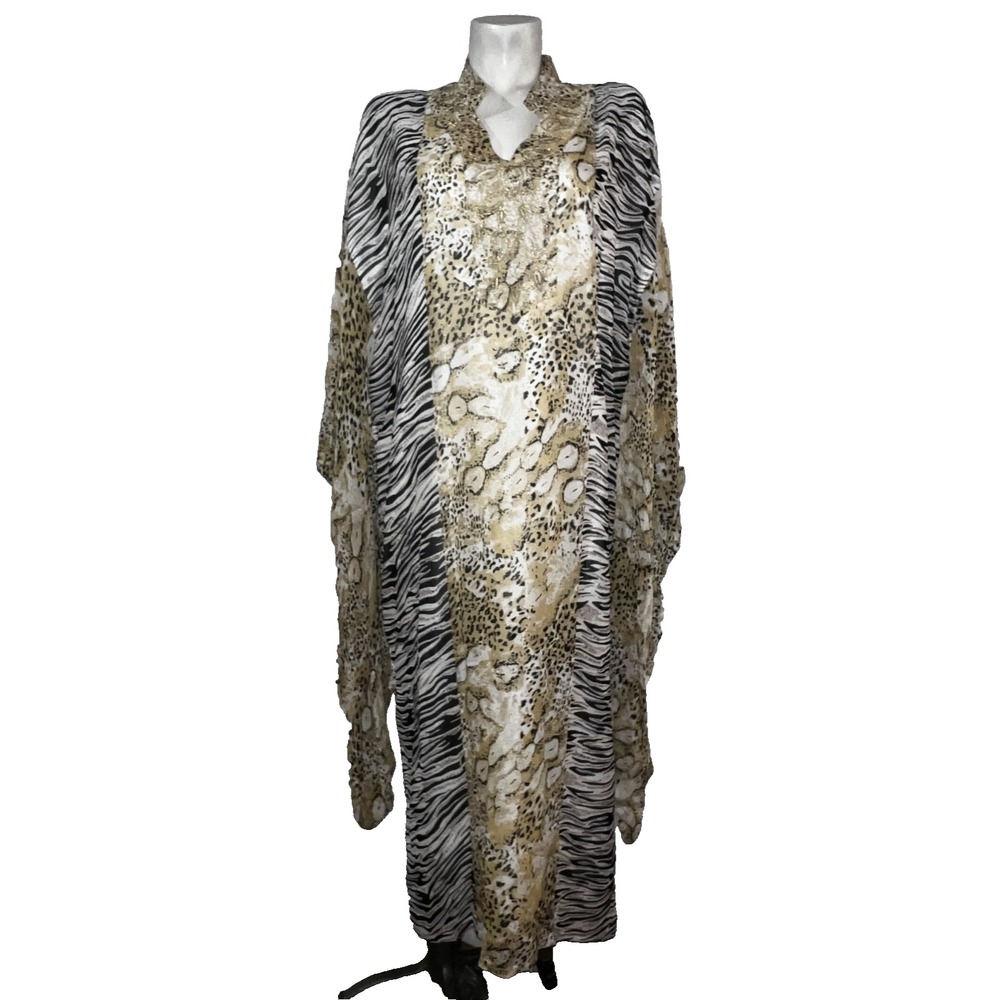 Ashro Women Large Mixed Animal Print Kaftan Dress Gold Embroidered Maxi Kimono